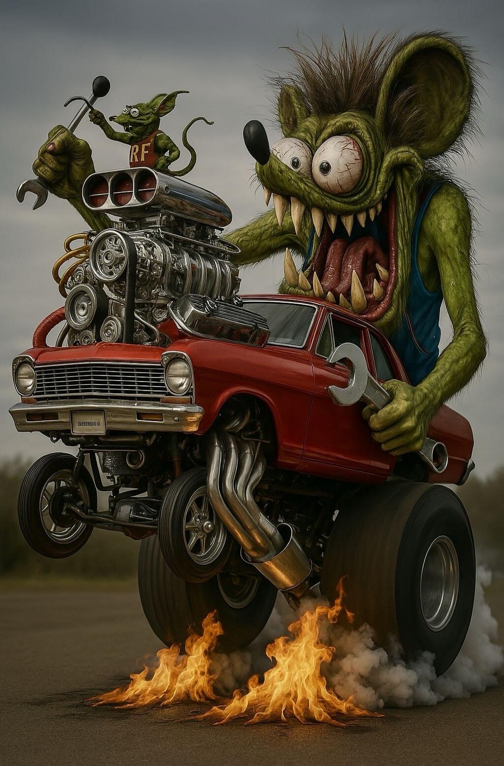 A monstrous green rat-like creature with large fangs is driving a red car with a giant exposed engine on top, flames erupting from the tires as the car performs a ramped stunt.