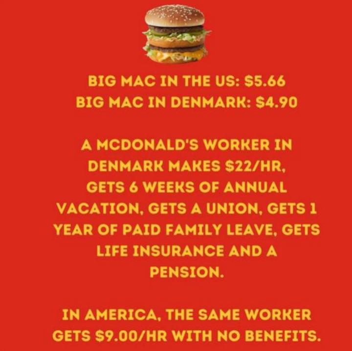 BIG MAC IN THE US 566 BIG MAC IN DENMARK 490 A MCDONALDS WORKER IN VACATION GETS A UNION GETS 1 LIFE INSURANCE AND A IN AMERICA THE SAME WORKER GETS 900HR WITH NO BENEFITS