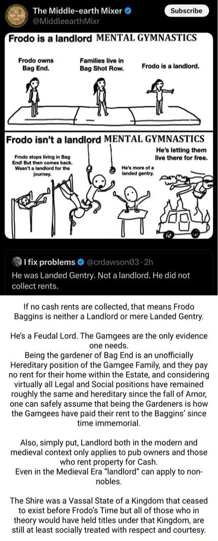 The Middle earth Mixer Frodo is a landlord MENTAL GYMNASTICS Frodo isnt a landlord MENTAL GYMNASTICS Hes lotting them collect rer If no cash rents are collected that means Frodo Baggins is neither a Landlord or mere Landed Gentry Hes a Feudal Lord The Gamgees are the only evidence one needs Being the gardener of Bag End is an unofficially Hereditary position of the Gamgee Family and they pay no re