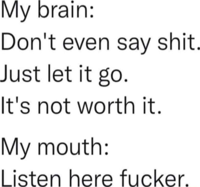 My brain Dont even say shit Just let it go Its not worth it My mouth listen here fucker