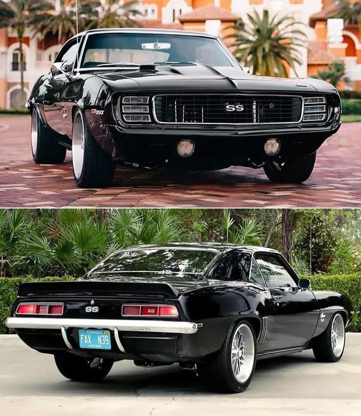 Two black classic American muscle cars with SS badging. The front car shows a prominent SS grille, and the rear car displays the SS badge with round tail lights.