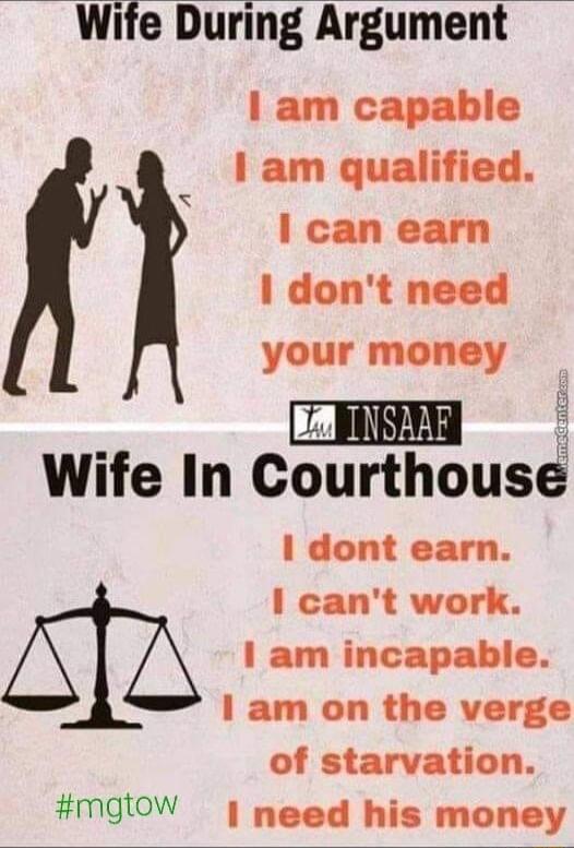Wite During Argument 1 am capable 1 am qualified Y Icanearn dont need your money Wife In courthus 1 dont earn I cant work 1 am incapable 1 am on the verge of starvation mMglow need his money