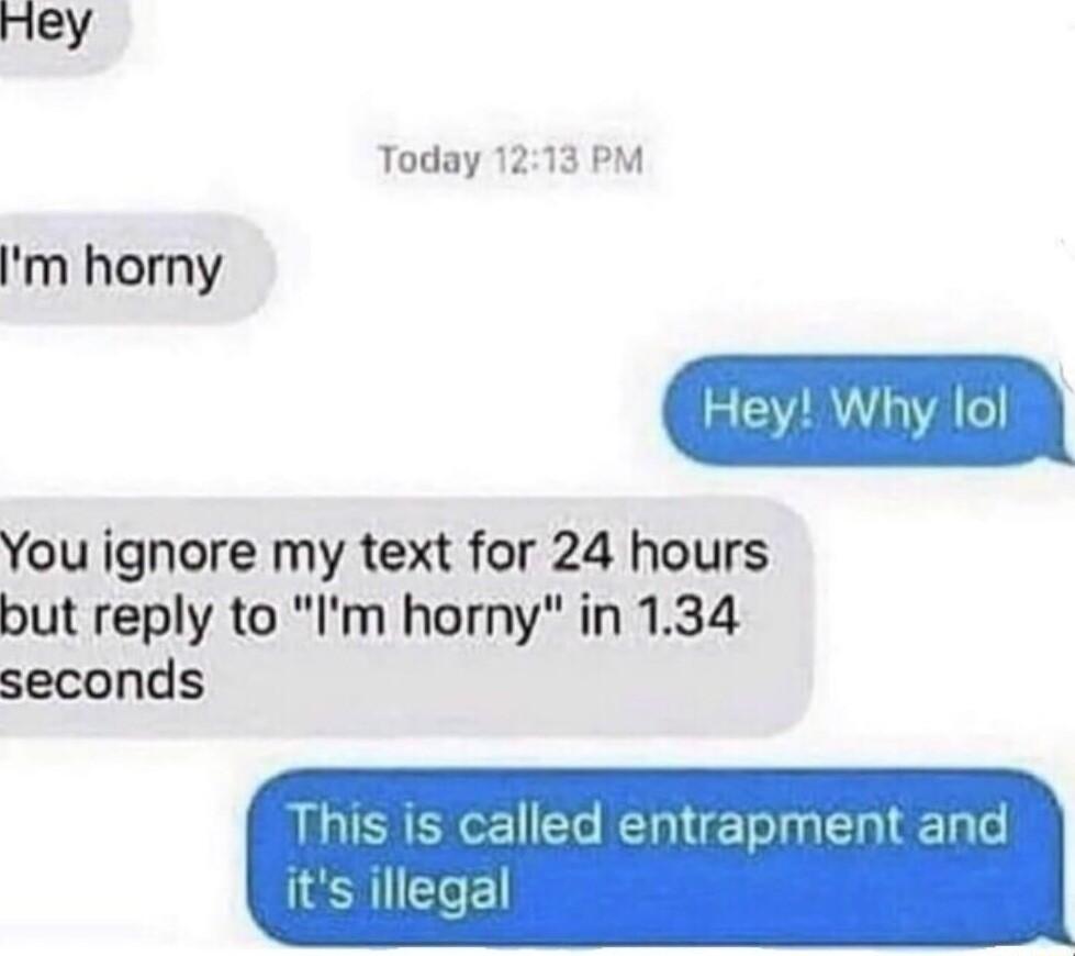 Hey Today 1213 PM m horny Hey Why lol You ignore my text for 24 hours but reply to Im horny in 134 seconds alled entrapment