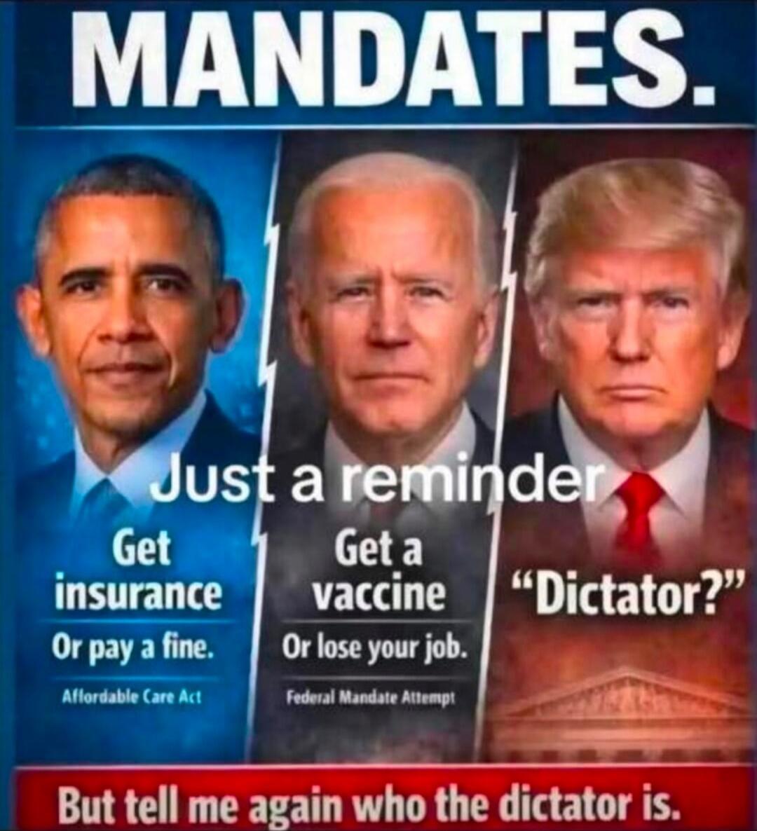 MANDATES. Just a reminder Get insurance Or pay a fine. Affordable Care Act Get a vaccine Or lose your job. Federal Mandate Attempt Dictator? But tell me again who the dictator is.