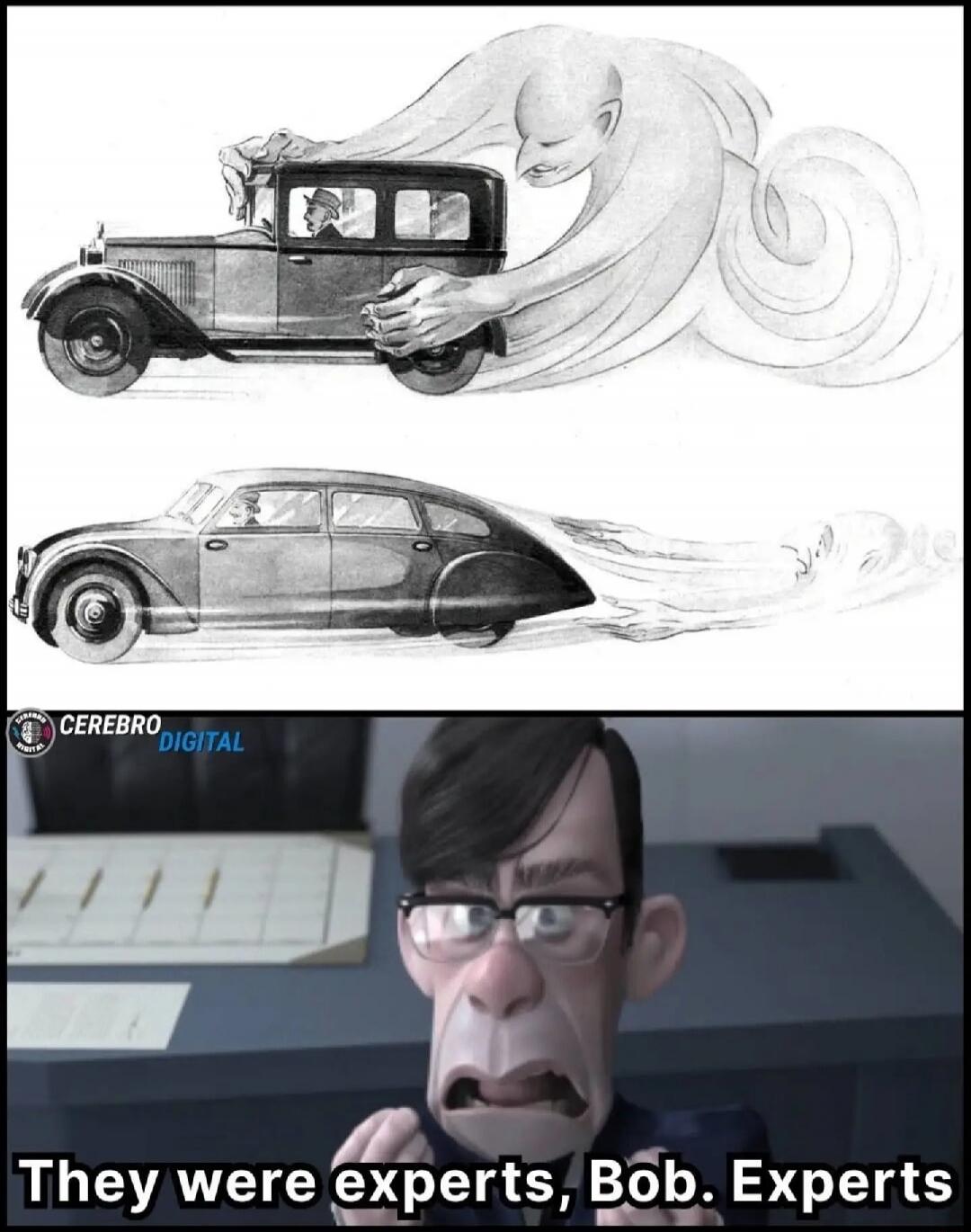 An illustration shows two cars. The first, an older, boxy model, is being pushed by a ghostly figure representing air resistance. The second, a streamlined, aerodynamic car, allows the figure to flow smoothly past. Below, a meme features Mr. Huph from The Incredibles saying, 