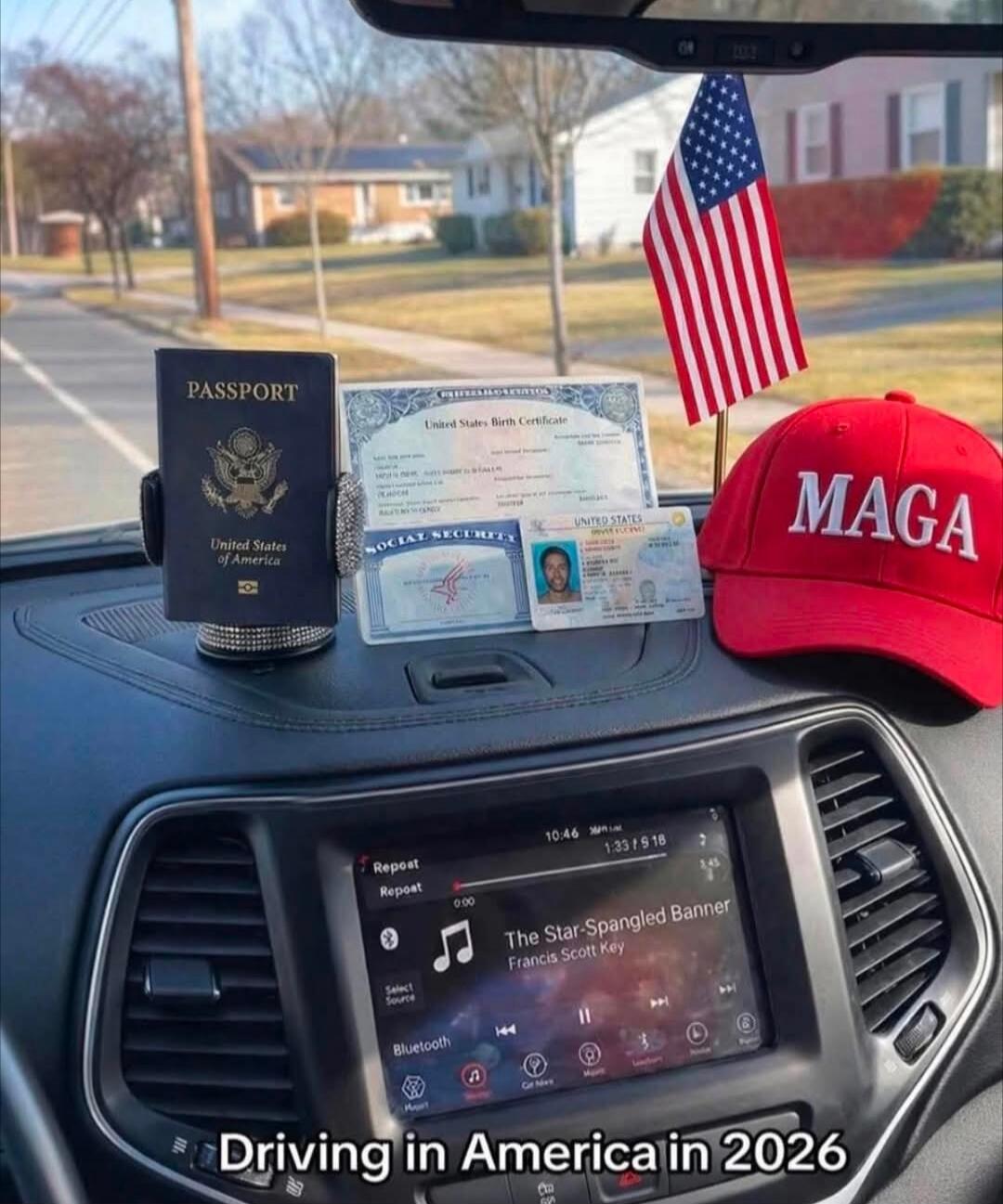 Driving in America in 2026
Passport United States of America
The Star-Spangled Banner
MAGA hat