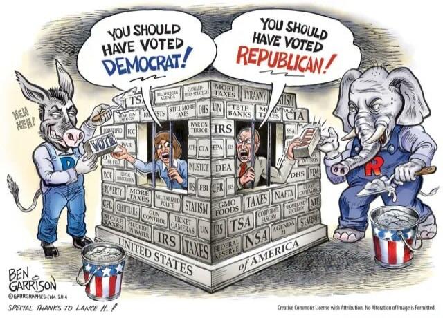YOU SHOULD HAVE VOTED DEMOCRAT! YOU SHOULD HAVE VOTED REPUBLICAN! VOTE. TAXES. UNITED STATES OF AMERICA. BEN GARRISON. GRRRGRAPHICS.COM 2014. SPECIAL THANKS TO LANCE H.! Creative Commons License with Attribution. No Alteration of Image is Permitted. Bricks: BILDERBERG AGENDA, CLOWARD-PIVEN STRATEGY, MORE TAXES, TYRANNY, TBTF BANKS, TSA, DHS, WAR ON