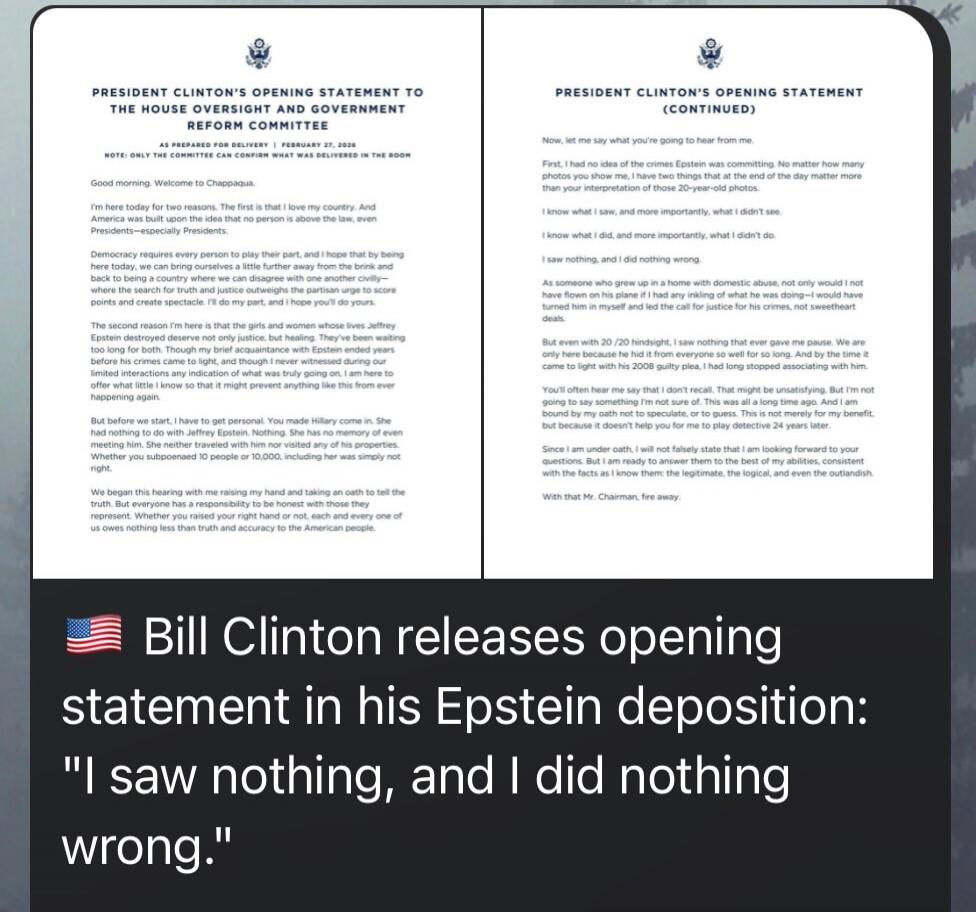 Bill Clinton releases opening statement in his Epstein deposition: 