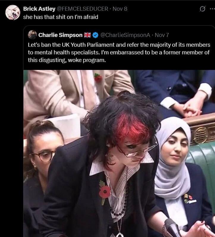 Brick Astley @FEMCELSEDUCER Nov 8 she has that shit on I'm afraid Charlie Simpson 🇬🇧✅ @CharlieSimpsonA Nov 7 Let's ban the UK Youth Parliament and refer the majority of its members to mental health specialists. I'm embarrassed to be a former member of this disgusting, woke program.