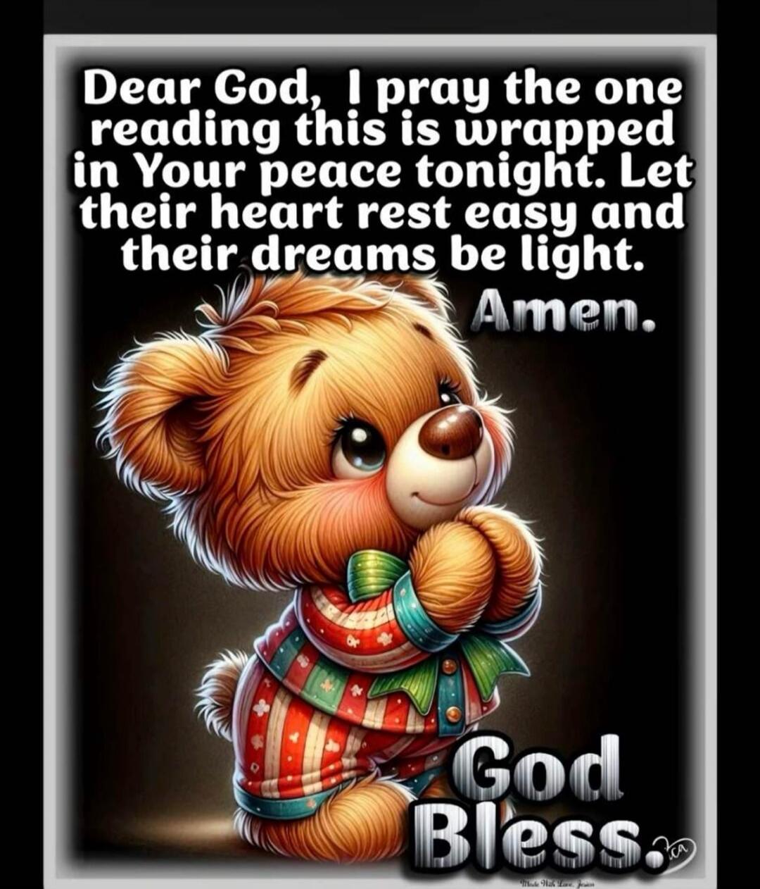 Dear God, I pray the one reading this is wrapped in Your peace tonight. Let their heart rest easy and their dreams be light. Amen. God Bless.