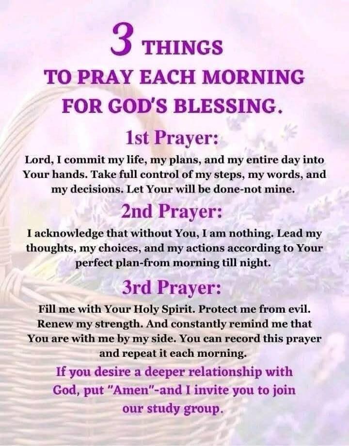 3 THINGS TO PRAY EACH MORNING FOR GOD'S BLESSING.

1st Prayer:
Lord, I commit my life, my plans, and my entire day into Your hands. Take full control of my steps, my words, and my decisions. Let Your will be done—not mine.

2nd Prayer:
I acknowledge that without You, I am nothing. Lead my thoughts, my choices, and my actions according to Your perfe