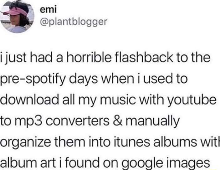 emi plantblogger i just had a horrible flashback to the pre spotify days when i used to download all my music with youtube to mp3 converters manually organize them into itunes albums witl album art i found on google images