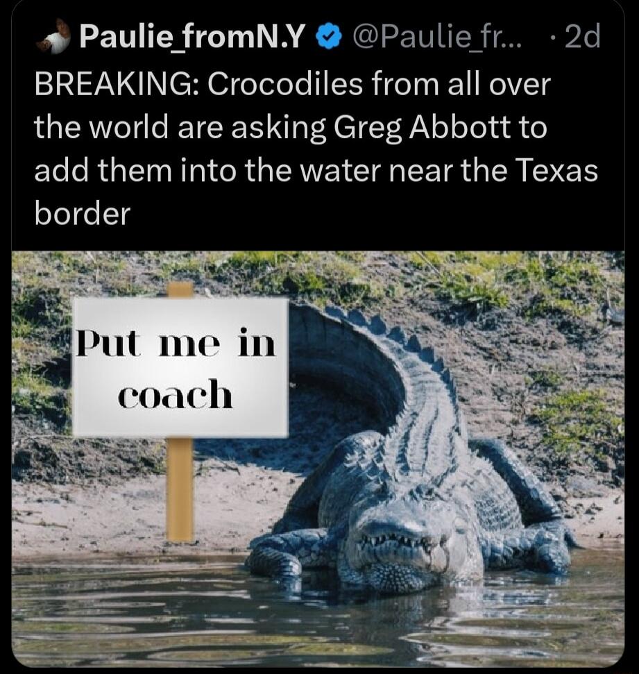 Paulie fromNY Paulie fr 2d BREAKING Crocodiles from all over the world are asking Greg Abbott to EL TR IR G CIMEETR G R IEN border ut me in coach