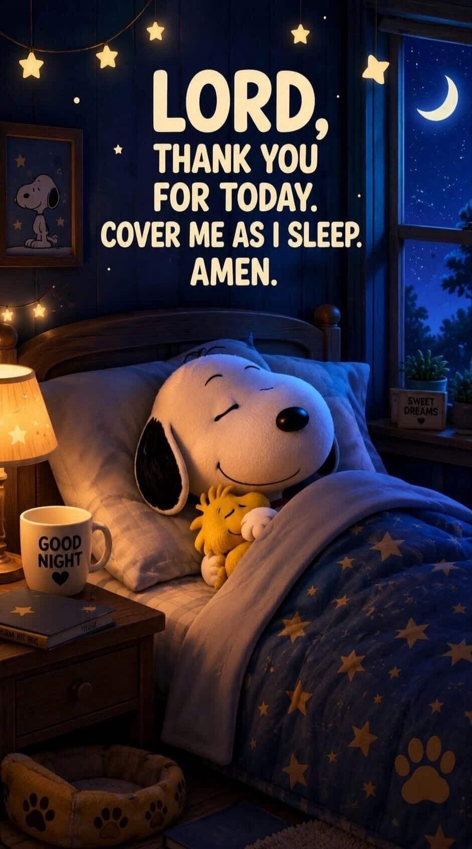 LORD, THANK YOU FOR TODAY. COVER ME AS I SLEEP. AMEN. GOOD NIGHT. SWEET DREAMS.