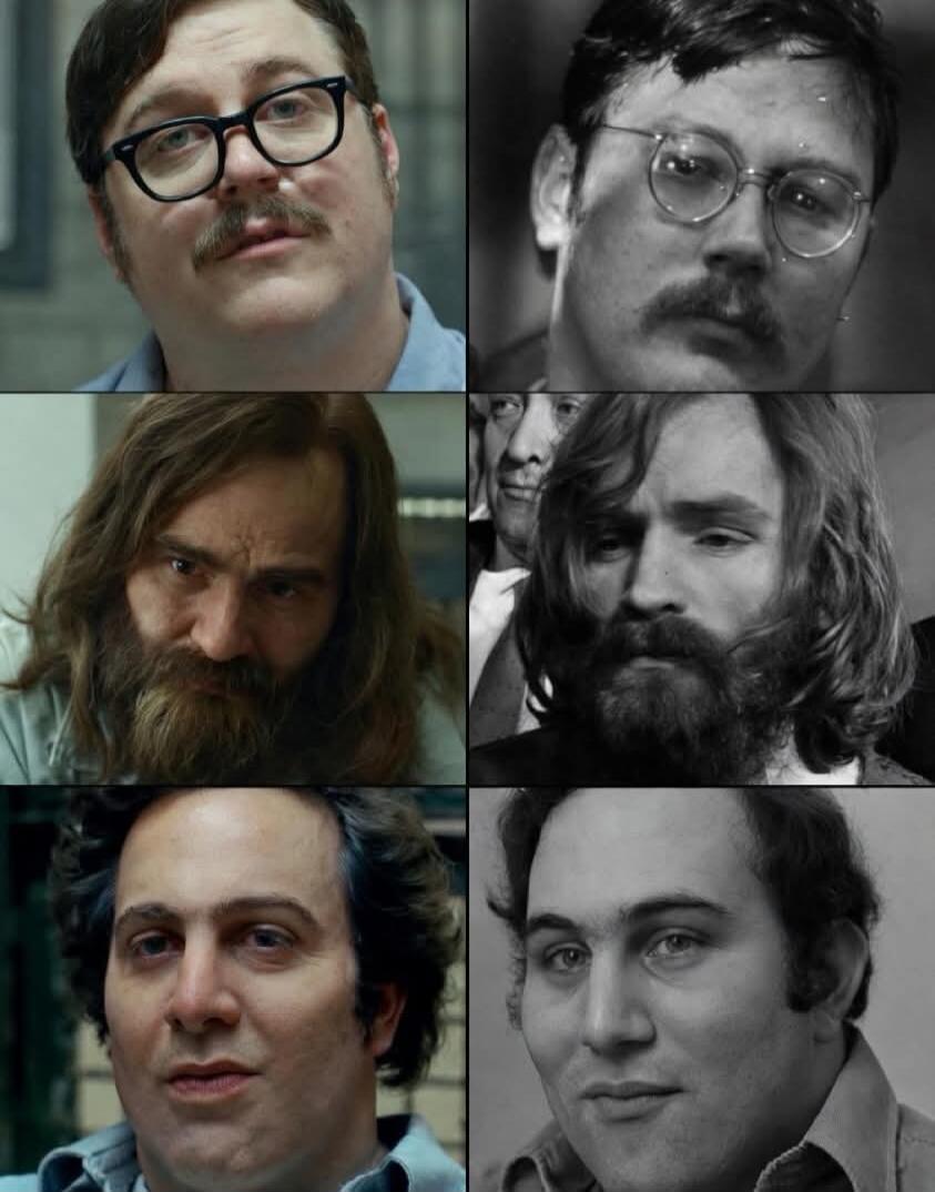 Actors portraying famous serial killers compared to the real individuals. The image shows side-by-side comparisons of actors in color and the actual serial killers in black and white. Top row: John Wayne Gacy. Middle row: Charles Manson. Bottom row: David Berkowitz.
