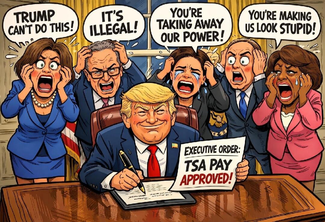 TRUMP CAN'T DO THIS! IT'S ILLEGAL! YOU'RE TAKING AWAY OUR POWER! YOU'RE MAKING US LOOK STUPID! EXECUTIVE ORDER: TSA PAY APPROVED!