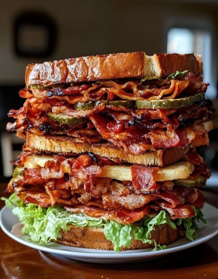 A towering bacon sandwich stacked with multiple layers of bacon, pickles, and greens between toasted bread.