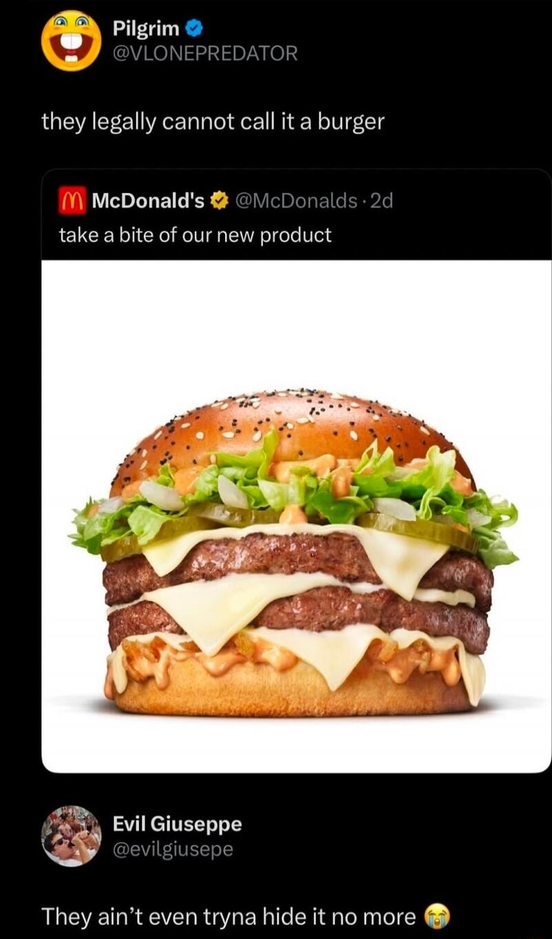 they legally cannot call it a burger
take a bite of our new product
They ain't even tryna hide it no more 😭