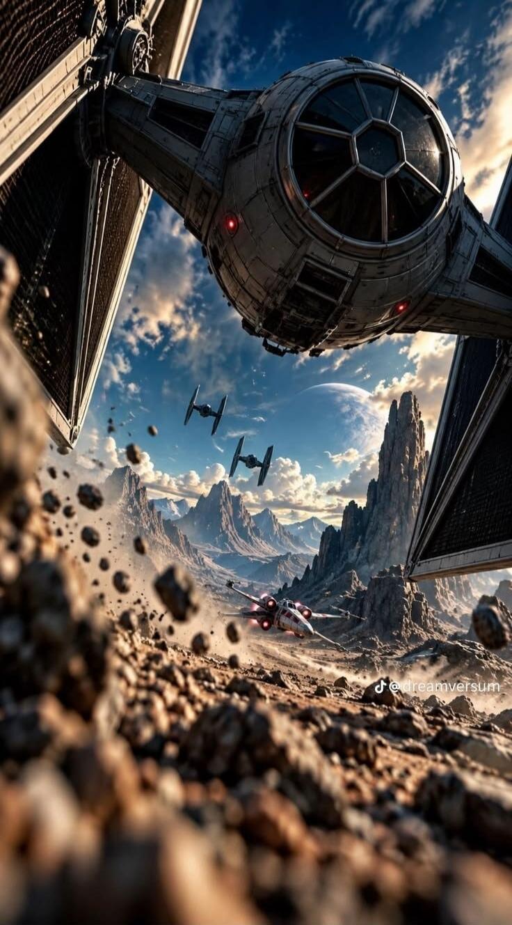 A TIE Fighter is shown in the foreground, flying low over a rocky alien planet. In the background, two more TIE Fighters and an X-wing are visible, along with towering mountains and a large planet in the sky. Debris is flying around, suggesting a dynamic scene. The image includes a watermark: @dreamversum.