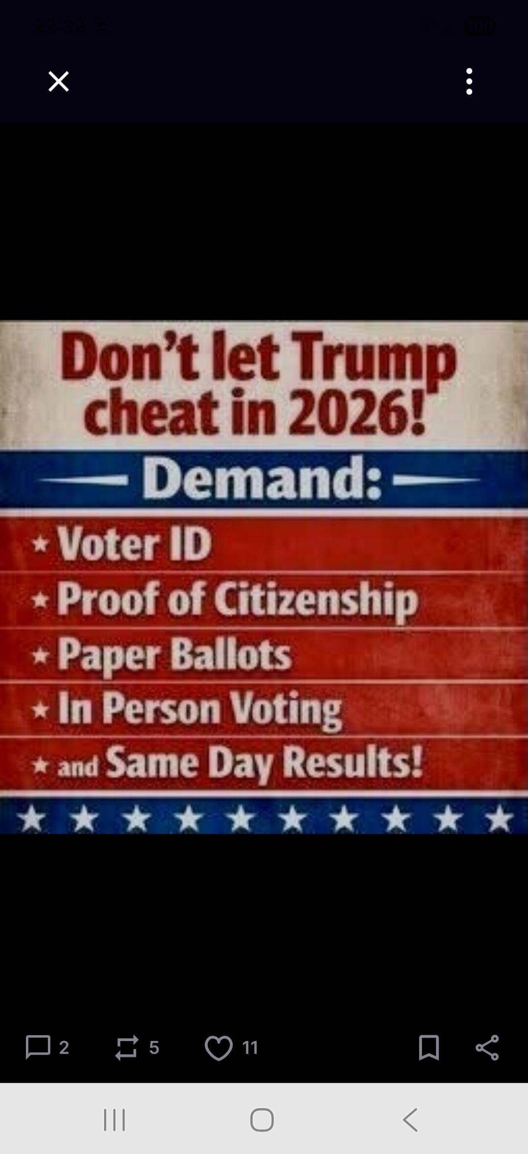 Don't let Trump cheat in 2026! Demand: Voter ID, Proof of Citizenship, Paper Ballots, In Person Voting, and Same Day Results!