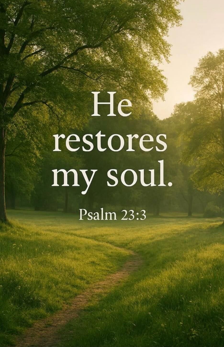 He restores my soul. Psalm 23:3