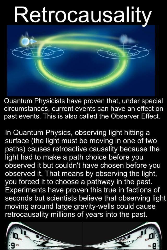 Retrocausality OIVETS1 V4 o o I R g VR ol 0VTg R g o Vg To LT ST oTTO circumstances current events can have an effect on past events This is also called the Observer Effect In Quantum Physics observing light hitting a surface the light must be moving in one of two paths causes retroactive causality because the e RN ELCIER g Relglool Nolol oy RYe1 observed it but couldnt have chosen before you ol o