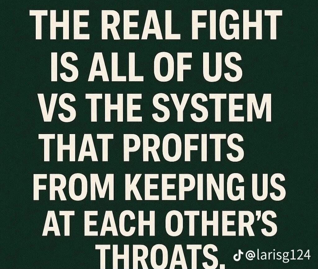 THE REAL FIGHT IS ALL OF US VS THE SYSTEM THAT PROFITS FROM KEEPING US AT EACH OTHER'S THROATS. @larisg124