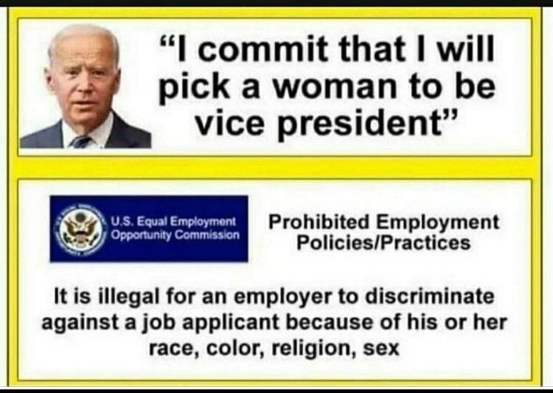 4 l commit that will pick a woman to be vice president Prohibited Employment PoliciesPractices Itis illegal for an employer to discriminate against a job applicant because of his or her race color religion sex SEVAGIEK e NeTle Neloln reposting it here