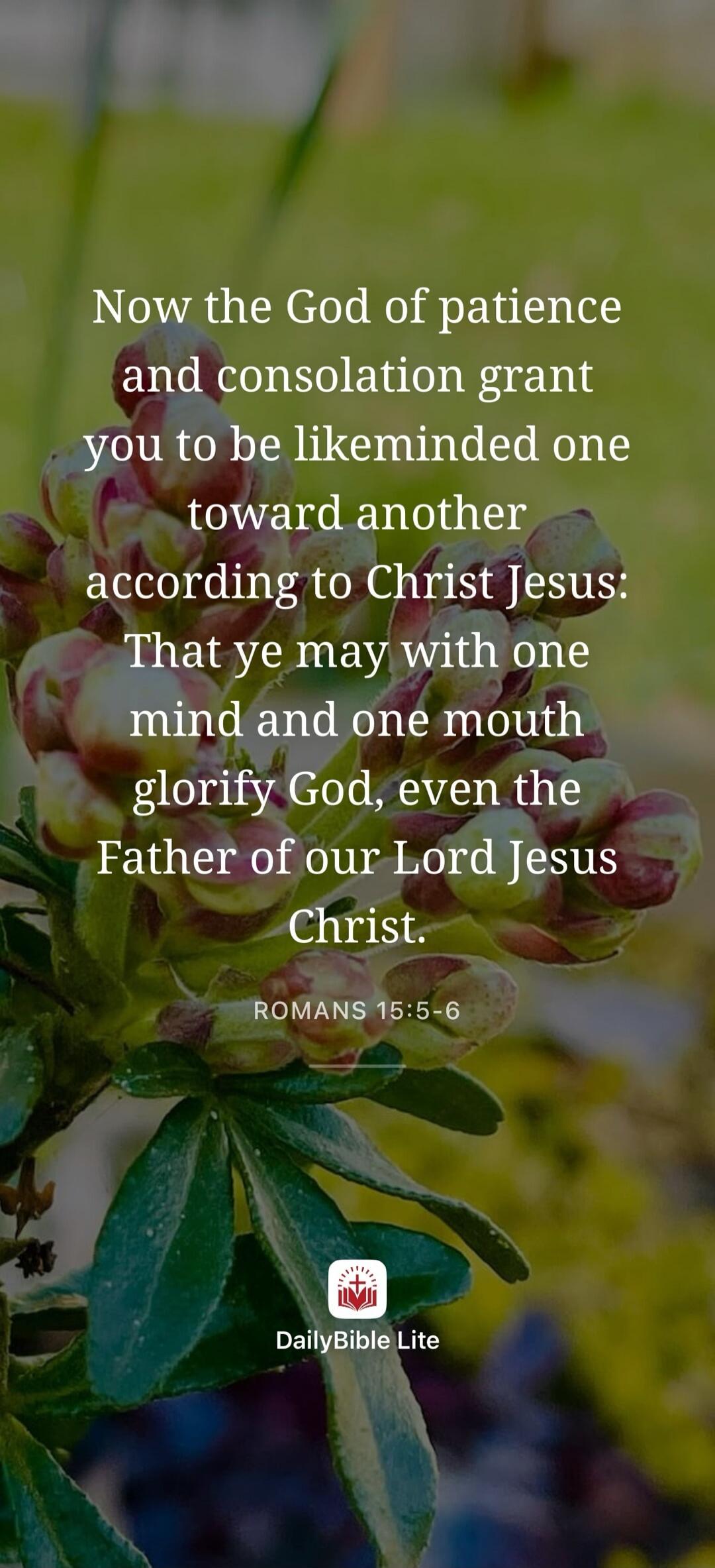 Now the God of patience and consolation grant you to be likeminded one toward another according to Christ Jesus: That ye may with one mind and one mouth glorify God, even the Father of our Lord Jesus Christ. ROMANS 15:5-6. DailyBible Lite.