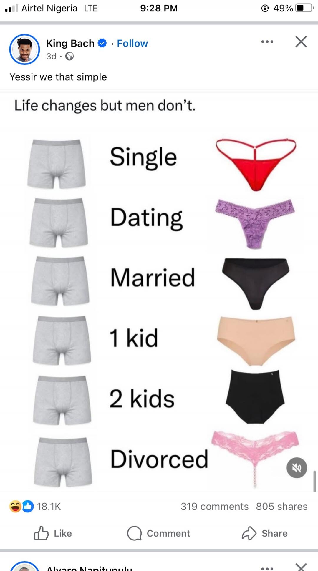 Yessir we that simple. Life changes but men don't. Single. Dating. Married. 1 kid. 2 kids. Divorced.