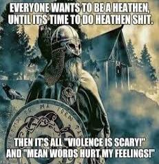 EVERYONE WANTS TO BE A HEATHEN UNTIL ITS TIME TO DO HEATHEN SHIT. THEN ITS ALL 'VIOLENCE IS SCARY' AND 'MEAN WORDS HURT MY FEELINGS'!