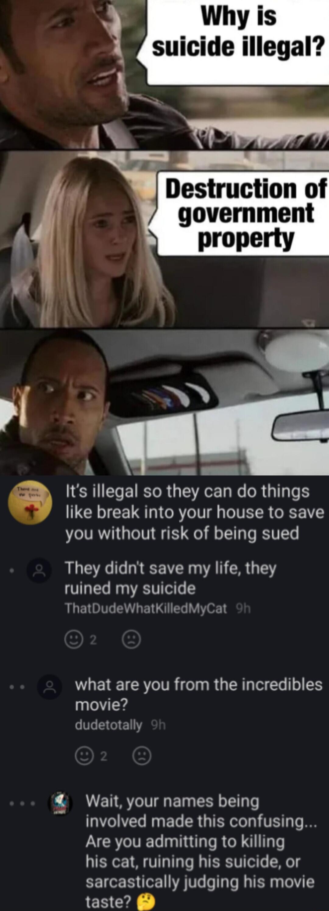 Why is suicide illegal Destruction of government KR Ny A g 0 LEREEIRETR IR N R G TeF like break into your house to save you without risk of being sued They didnt save my life they ruined my suicide ThatDudeWhatKilledMyCat what are you from the incredibles movie 4 Wait your names being involved made this confusing LRIV T I R GR T 4 his cat ruining his suicide or sarcastically judging his movie tast