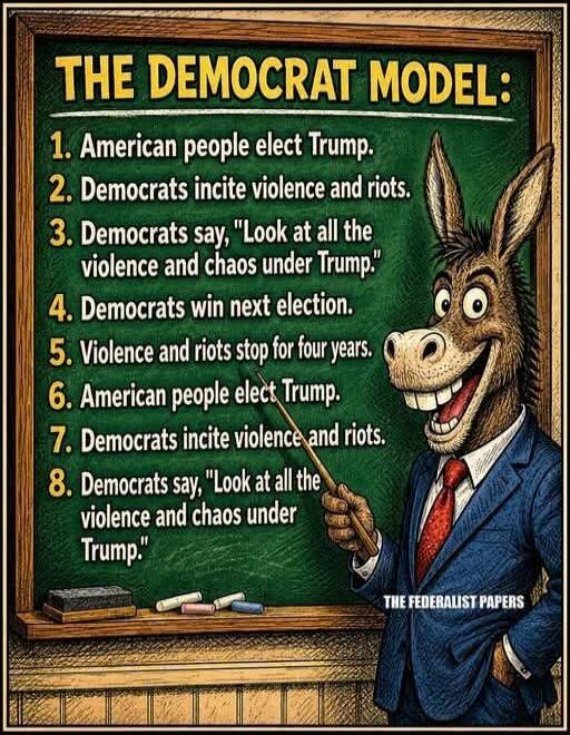 THE DEMOCRAT MODEL: 1. American people elect Trump. 2. Democrats incite violence and riots. 3. Democrats say, 
