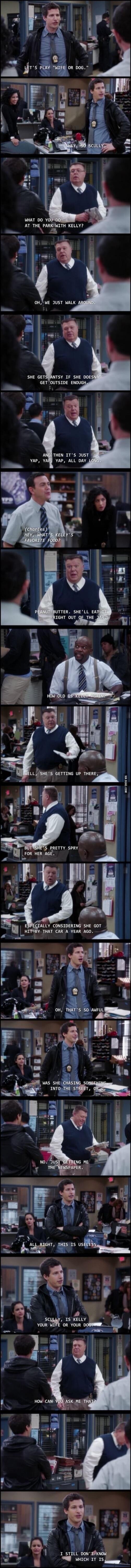 It's playin' with the dog. What do you do at the park with Kelly? Oh, we just walk around. She gets antsy if she doesn't get outside enough. And it's just yap, yap, yap all day. (Ch...?) Was she getting something else? Was she getting up there right? She's pretty spry for her age. Especially considering she's got my – that ain't easy. Oh, that's aw