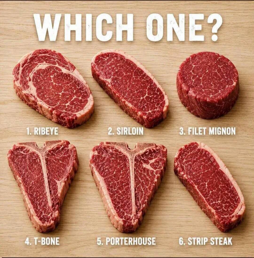 WHICH ONE? 1. RIBEYE 2. SIRLOIN 3. FILET MIGNON 4. T-BONE 5. PORTERHOUSE 6. STRIP STEAK