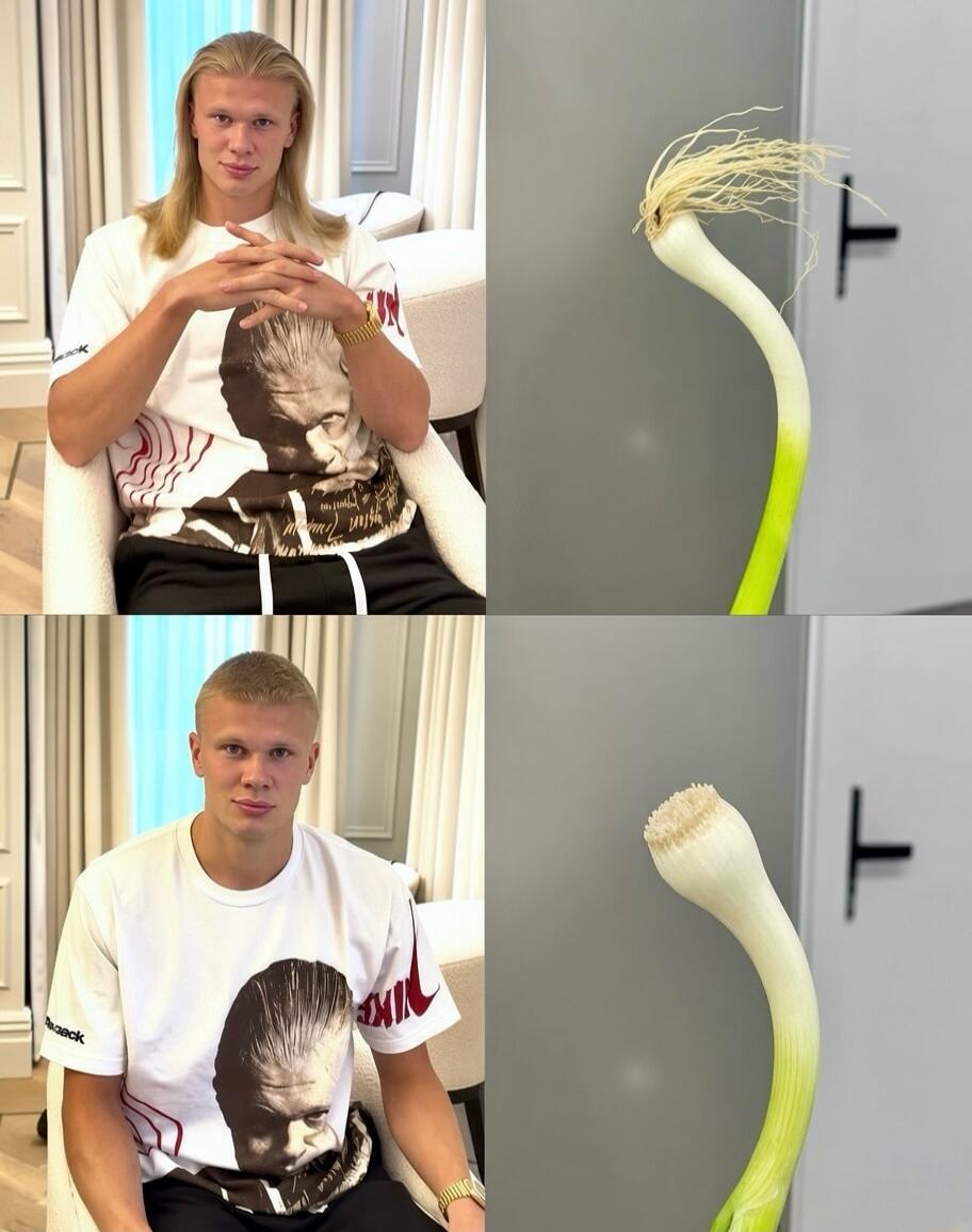 Erling Haaland's transformation from long hair to short hair is compared to a green onion being trimmed.