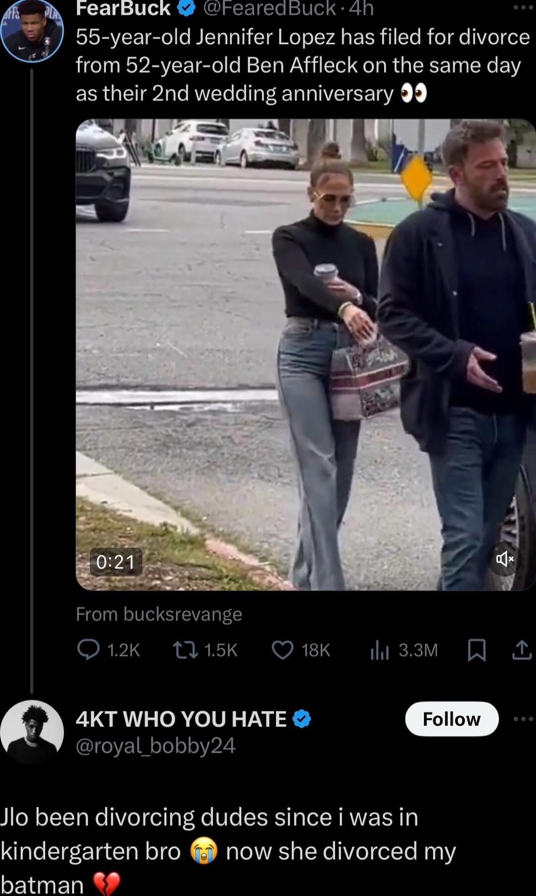 Fearbuck rearedbuck 4n Q 55 year old Jennifer Lopez has filed for divorce from 52 year old Ben Affleck on the same day as their 2nd wedding anniversary 99 S From bucksrevange RTINS RT S R0 S VI VI Y g 4KT WHO YOU HATE royal_bobby24 Jlo been divorcing dudes since i was in kindergarten bro now she divorced my batman