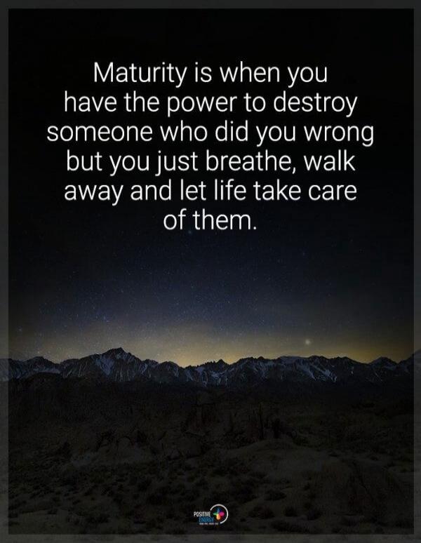 Maturity is when you have the power to destroy someone who did you wrong but you just breathe, walk away and let life take care of them.