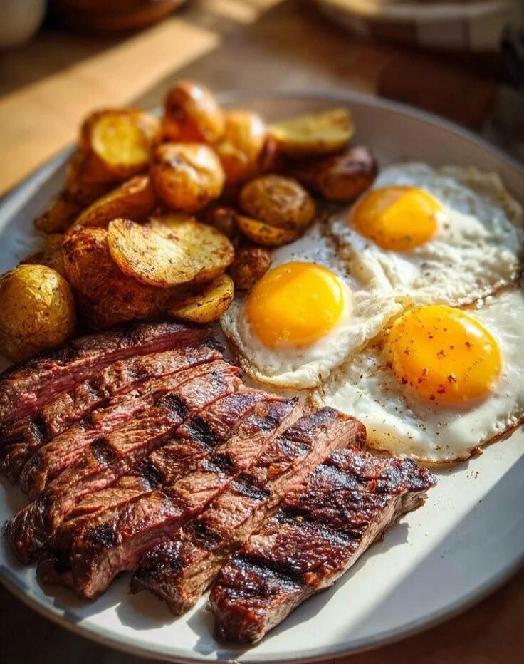 Session ID: 1052278.
Plate of food with grilled steak, sunny-side-up eggs, and roasted potatoes.