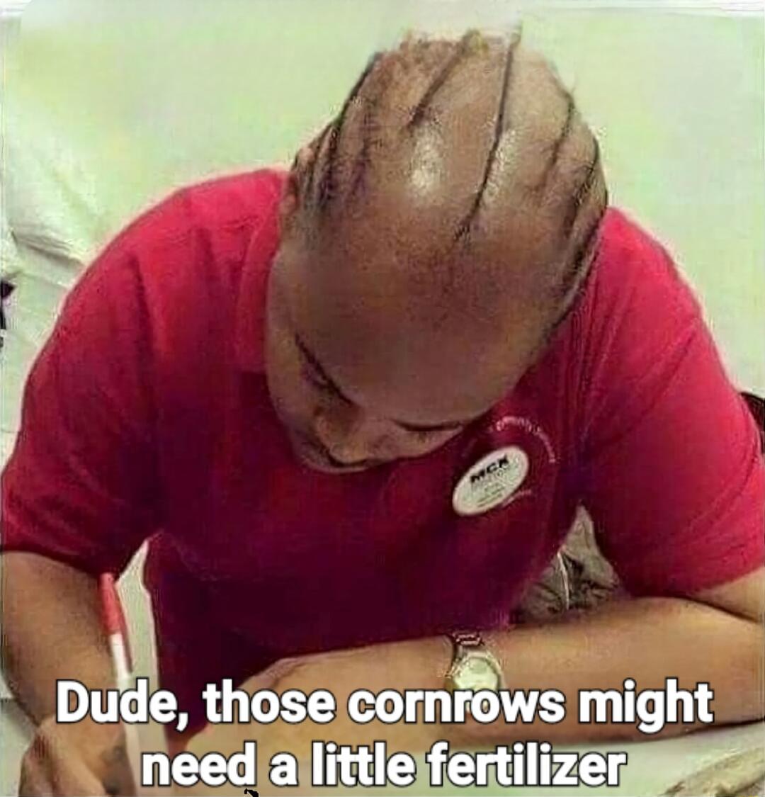 Dude, those cornrows might need a little fertilizer