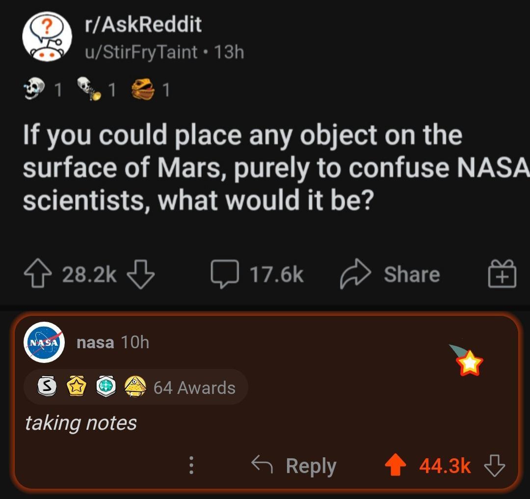 Q rAskReddit uStirFryTaint 13 D11 1 If you could place any object on the surface of Mars purely to confuse NASA scientists what would it be r282kdb J176k 2 share LECERIL e B B cirwads taking notes H 4 Reply 4 443k