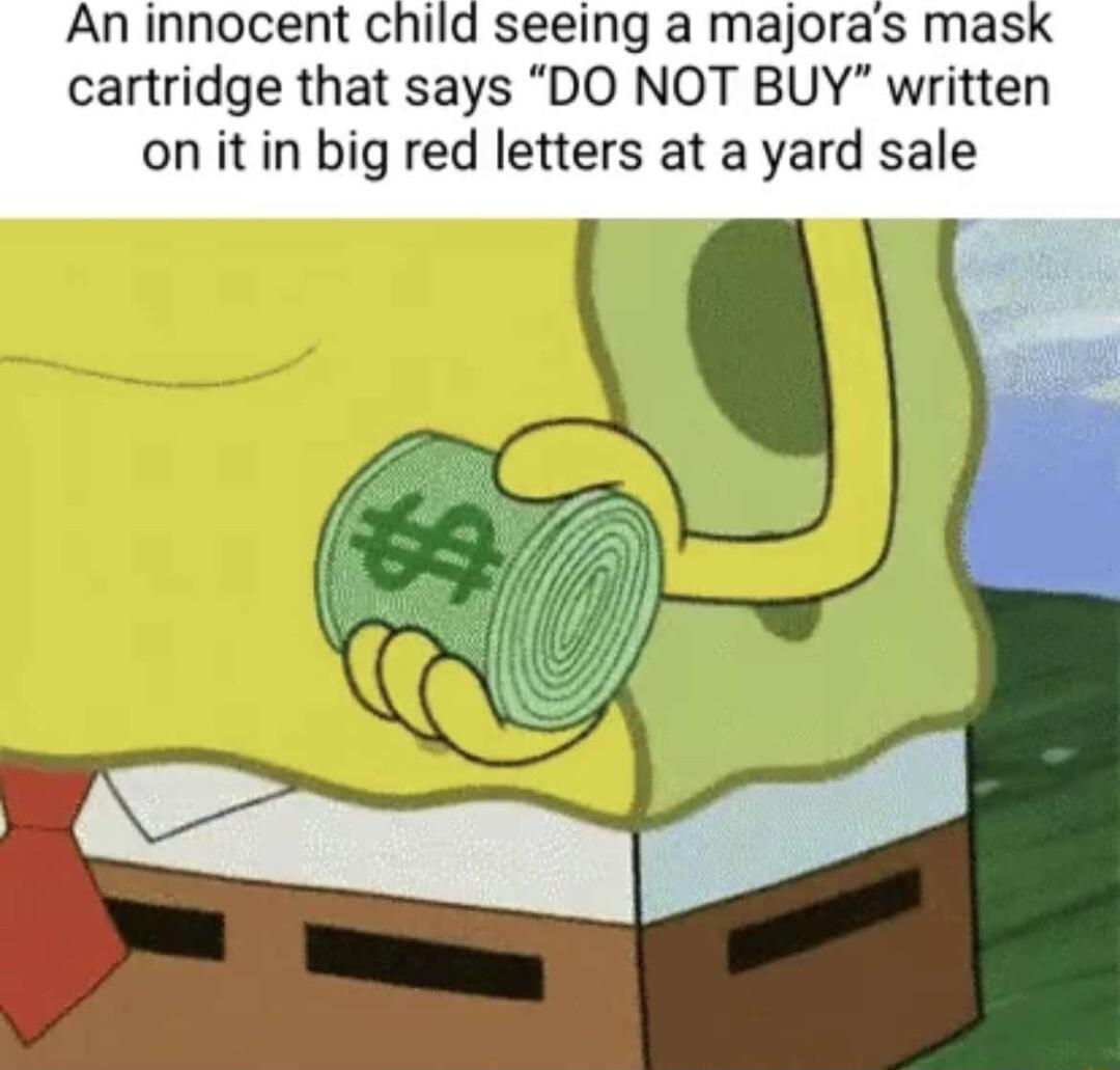 An innocent child seeing a majoras masl cartridge that says DO NOT BUY written on itin big red letters at a yard sale