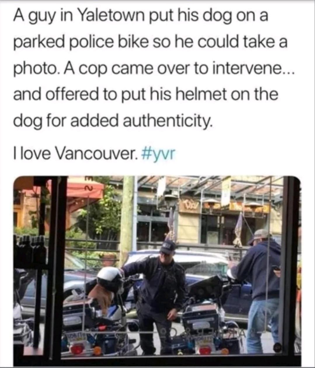 A guy in Yaletown put his dog on a parked police bike so he could take a photo A cop came over to intervene and offered to put his helmet on the dog for added authenticity love Vancouver yvr