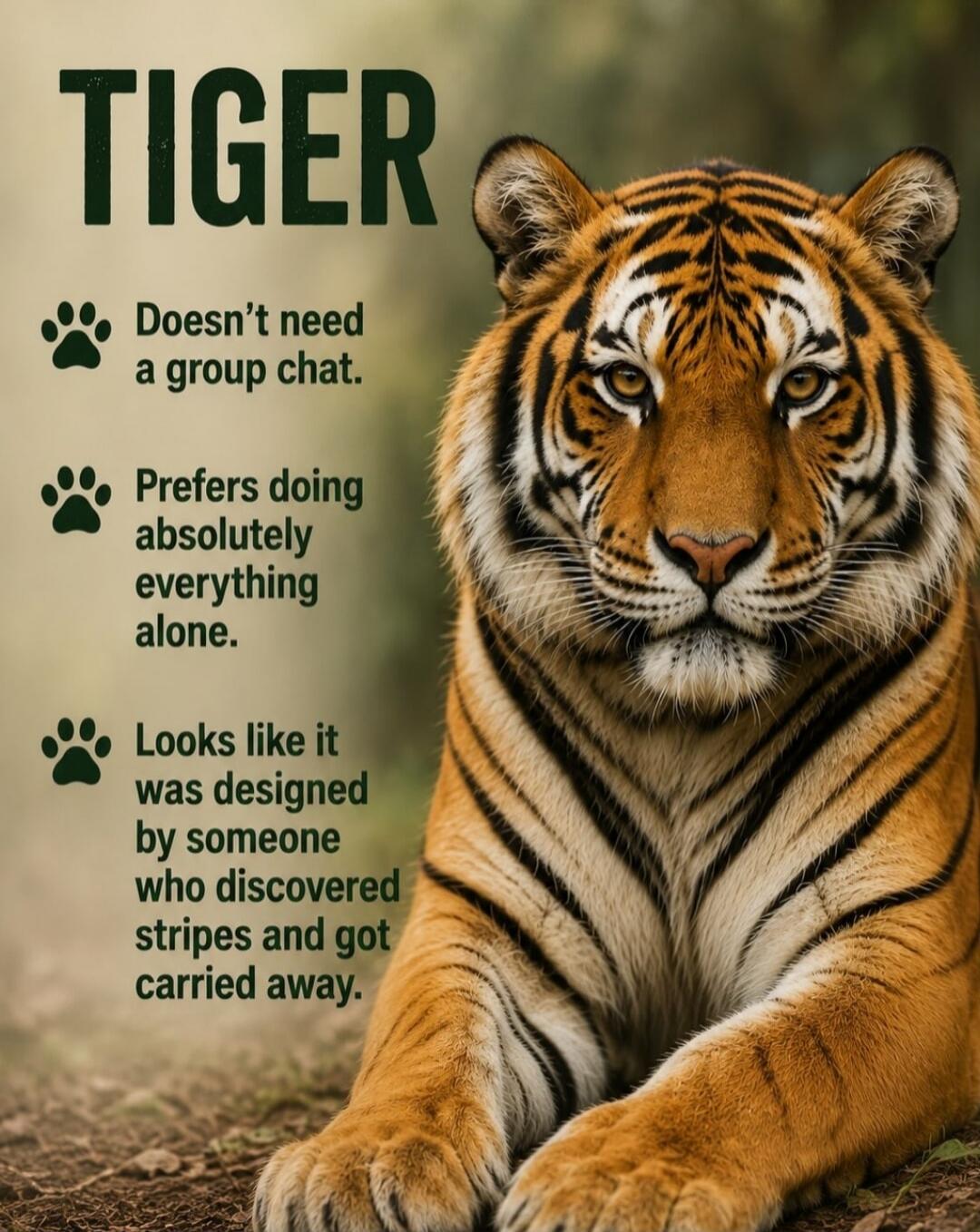 TIGER Doesn't need a group chat. Prefers doing absolutely everything alone. Looks like it was designed by someone who discovered stripes and got carried away.