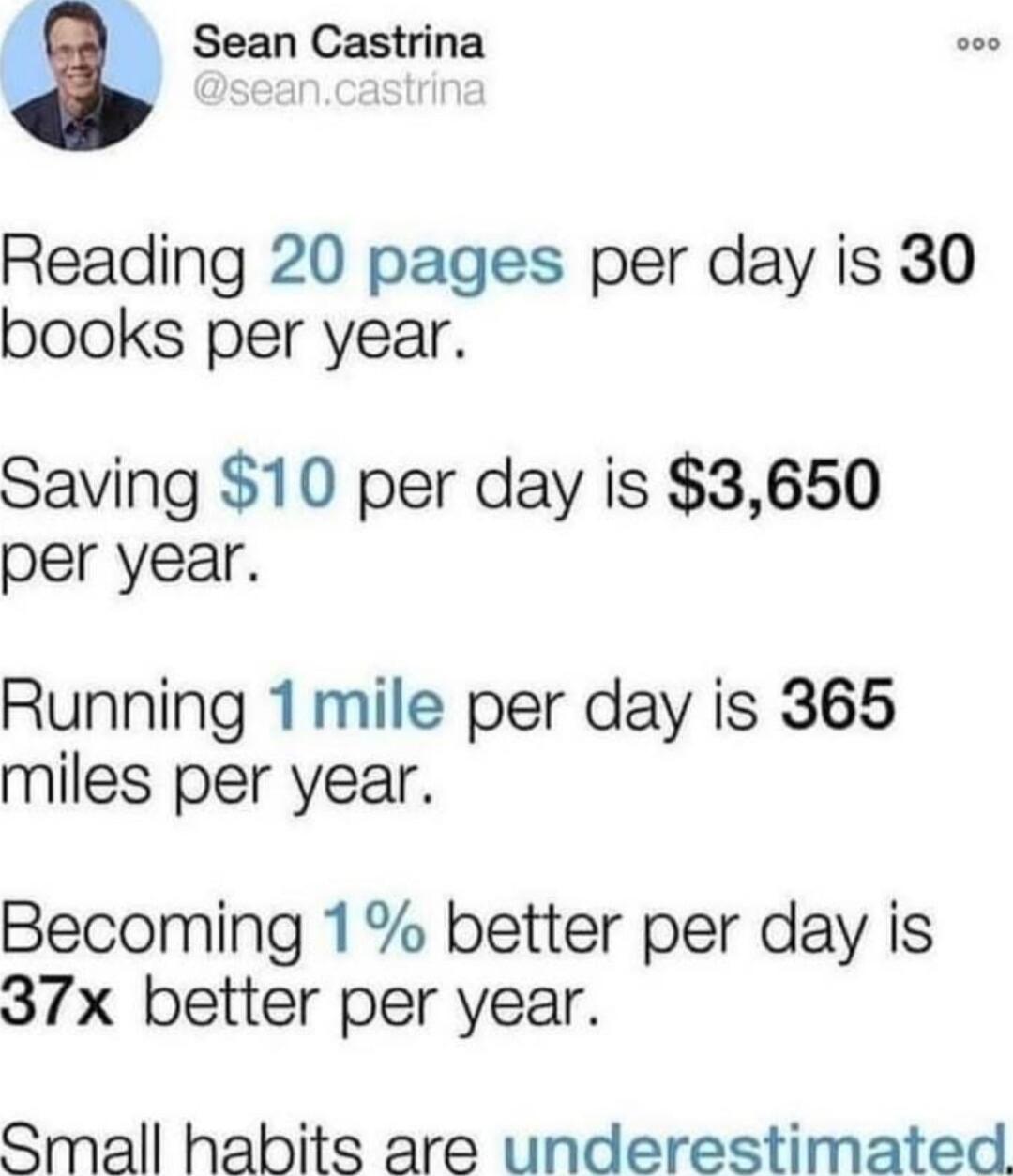 m Sean Castrina Reading 20 pages per day is 30 books per year Saving 10 per day is 3650 per year Running 1 mile per day is 365 miles per year Becoming 1 better per day is 37x better per year Small habits are underestimated