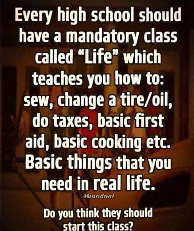 Every high school should have a mandatory class el 0l 1T teaches you how to sew change a ajtireoil do taxes basm rst aid basic cooking etc Basic things that you need in real life Do you think they should start this class