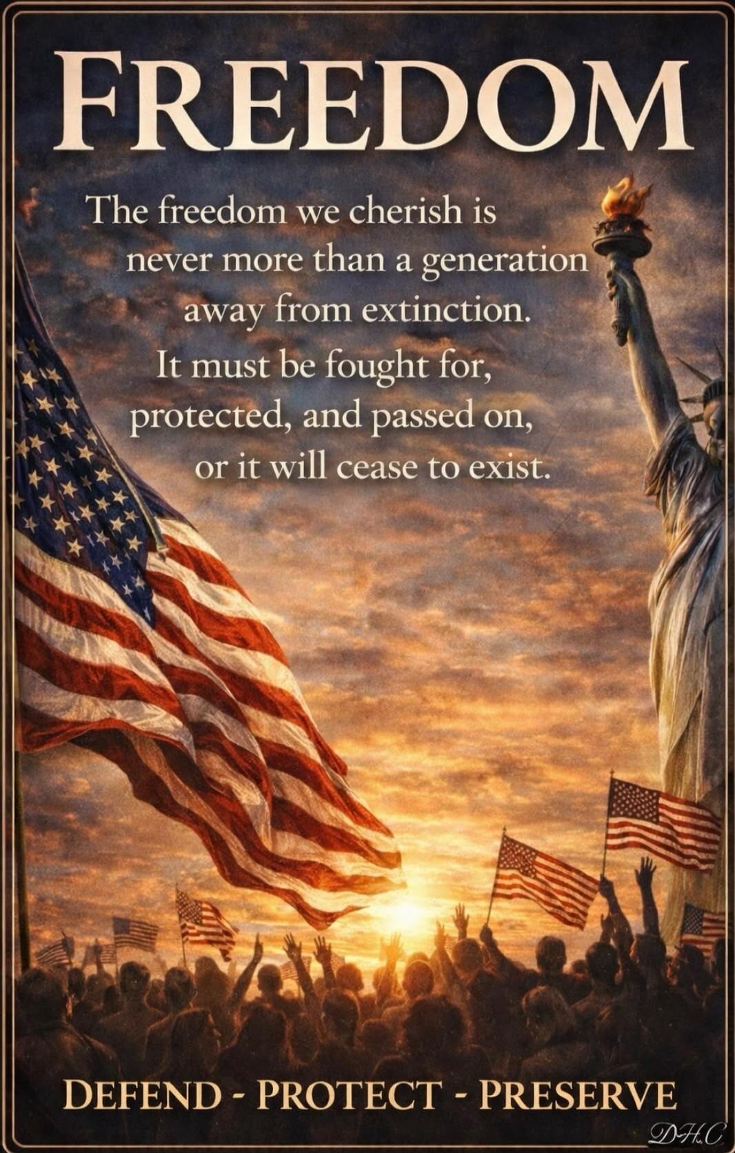 FREEDOM The freedom we cherish is never more than a generation away from extinction. It must be fought for, protected, and passed on, or it will cease to exist. DEFEND - PROTECT - PRESERVE