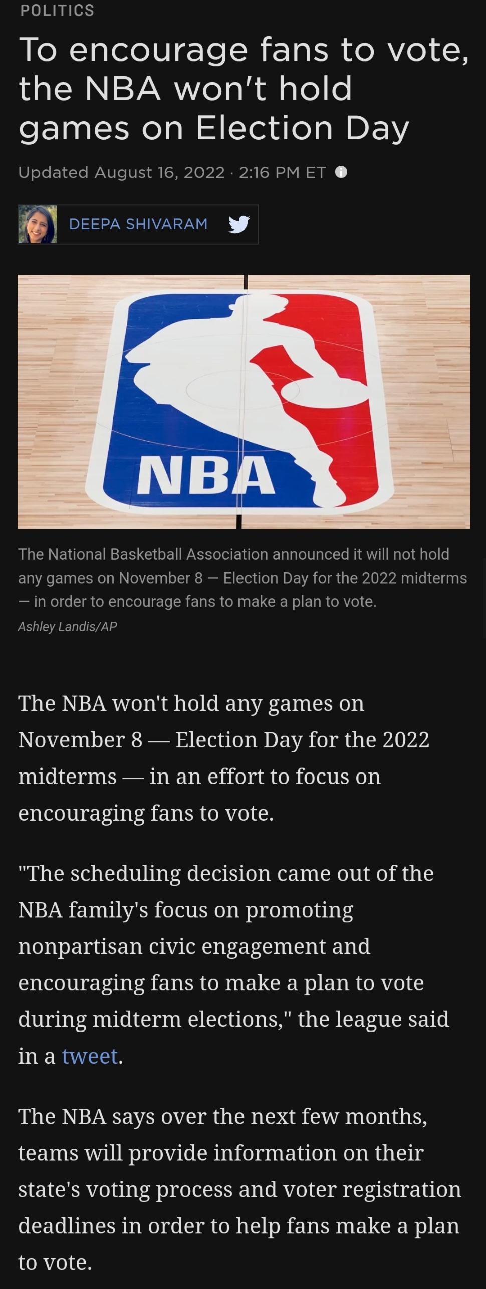 poLITICS To encourage fans to vote the NBA wont hold games on Election Day Updated August 16 2022 216 PM ET 1 EEINTN NV 4 vl The National Basketball Association announced it will not hold any games on November 8 Election Day for the 2022 midterms in order to encourage fans to make a plan to vote The NBA wont hold any games on November 8 Election Day for the 2022 midterms in an effort to focus on e