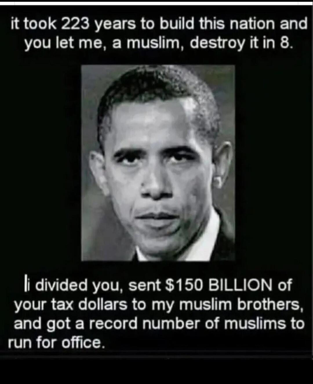it took 223 years to build this nation and you let me, a muslim, destroy it in 8. I divided you, sent $150 BILLION of your tax dollars to my muslim brothers, and got a record number of muslims to run for office.