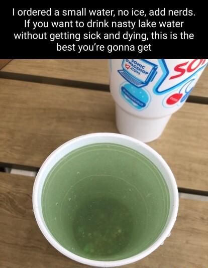 ordered a small water no ice add nerds If you want to drink nasty lake water without getting sick and dying this is the best youre gonna get